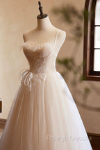 Champagne Tulle Lace Long Prom Dress, A Line Spaghetti Straps Backless Prom Dress