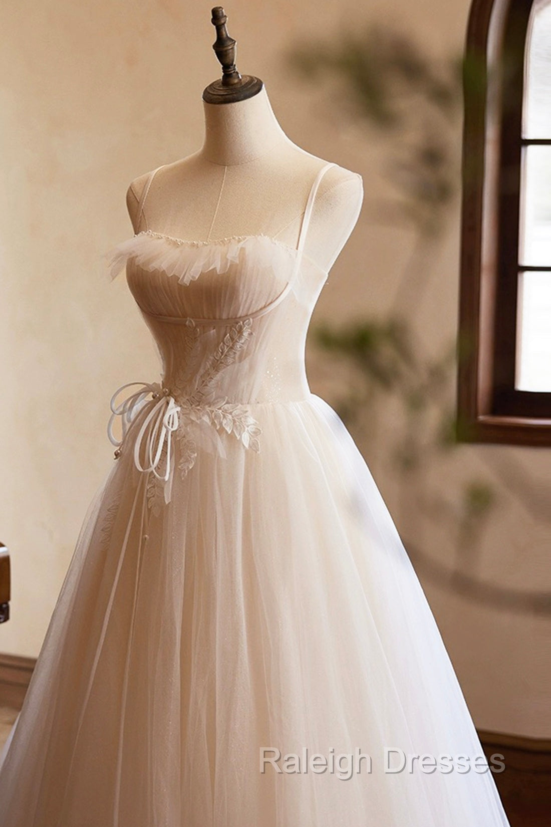 Champagne Tulle Lace Long Prom Dress, A Line Spaghetti Straps Backless Prom Dress