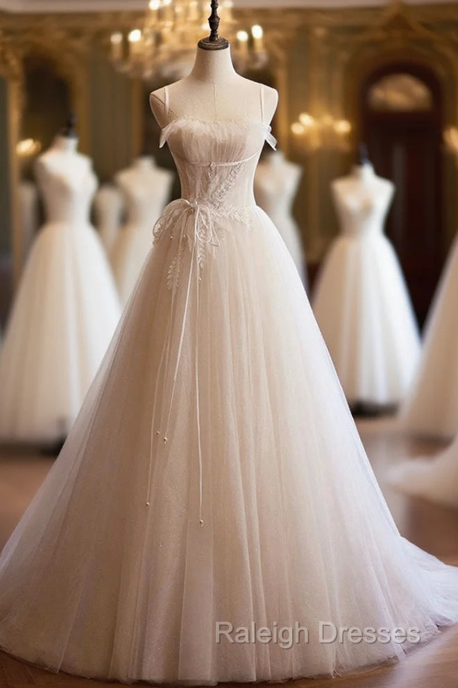 Champagne Tulle Lace Long Prom Dress, A-Line Spaghetti Straps Backless Evening Dress