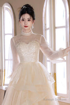 Champagne Tulle Lace Long Prom Dresses Beautiful Long Sleeve Prom Dresses