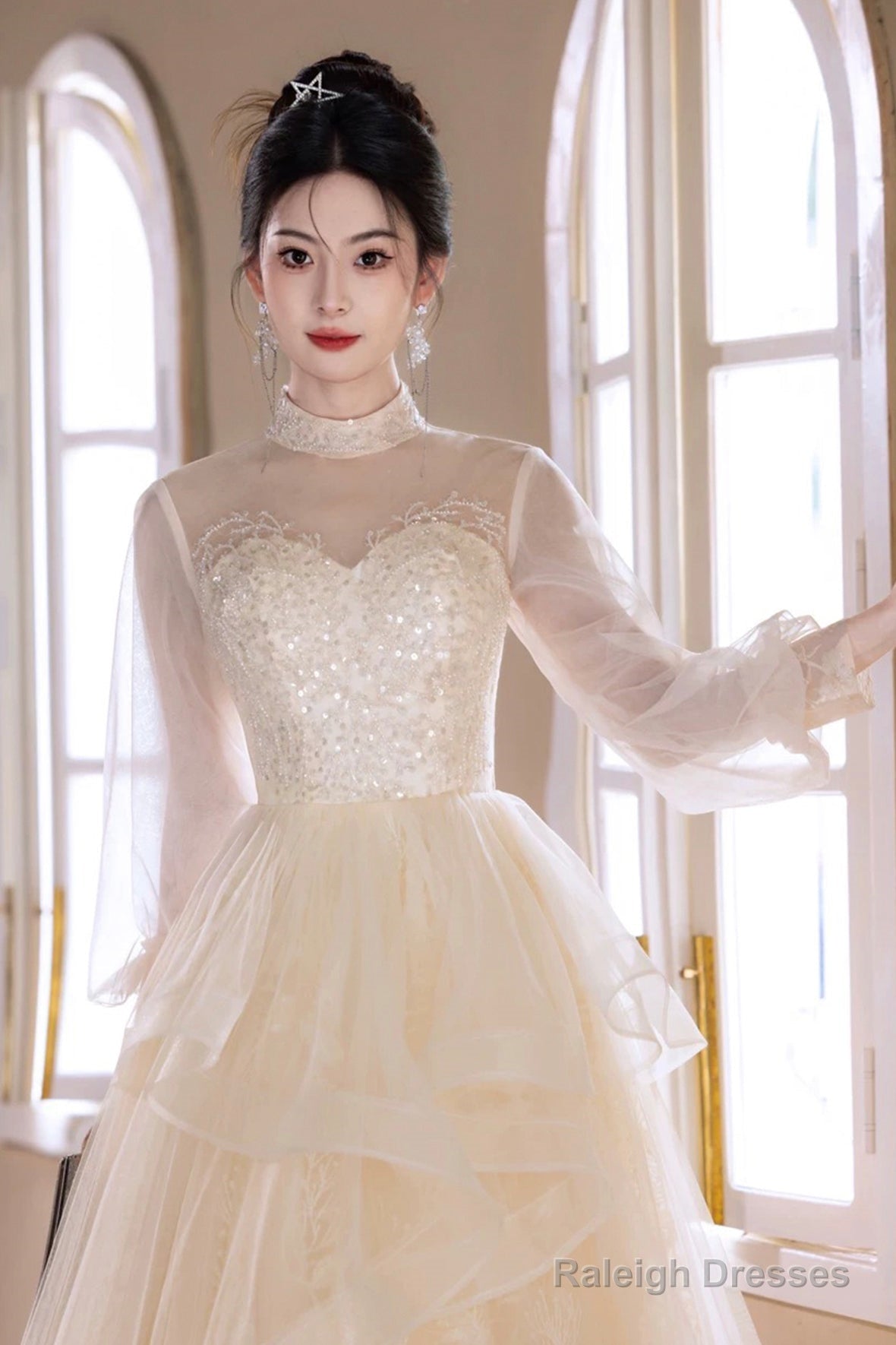 Champagne Tulle Lace Long Prom Dresses Beautiful Long Sleeve Prom Dresses