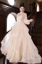 Champagne Tulle Lace Long Prom Dress, Beautiful Long Sleeve Evening Party Dress