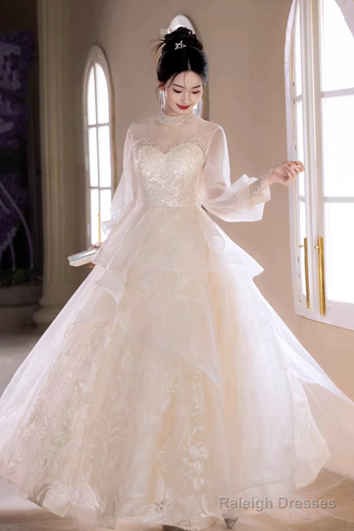 Champagne Tulle Lace Long Prom Dresses Beautiful Long Sleeve Prom Dresses