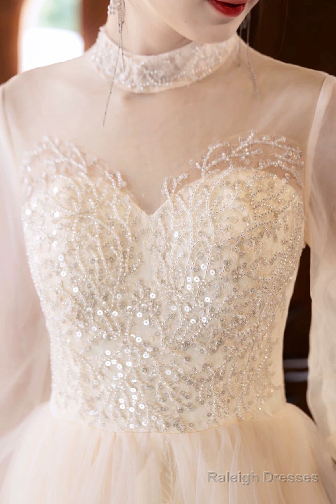 Champagne Tulle Lace Long Prom Dresses Beautiful Long Sleeve Prom Dresses