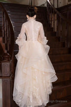 Champagne Tulle Lace Long Prom Dresses Beautiful Long Sleeve Prom Dresses