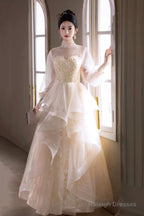 Champagne Tulle Lace Long Prom Dress, Beautiful Long Sleeve Evening Party Dress