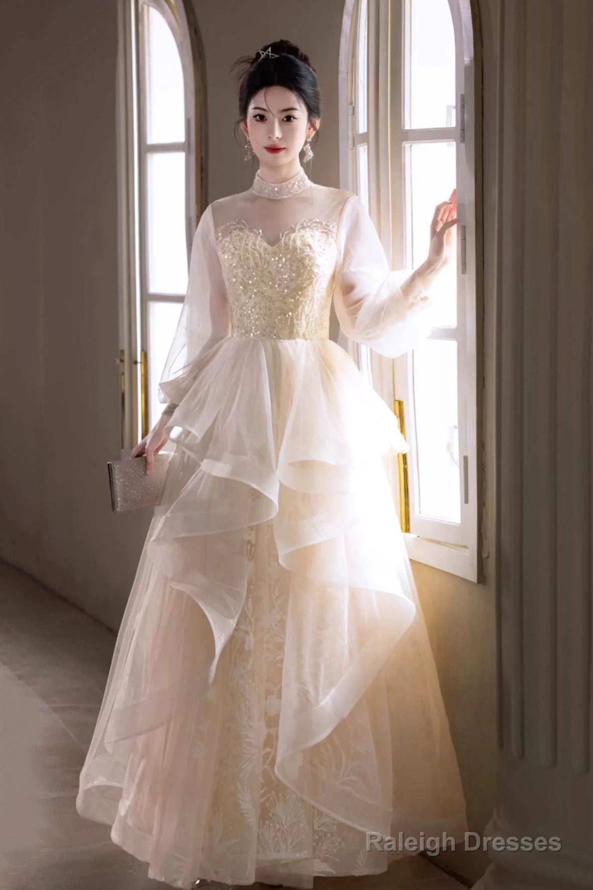 Champagne Tulle Lace Long Prom Dresses Beautiful Long Sleeve Prom Dresses Main image