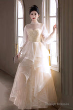 Champagne Tulle Lace Long Prom Dresses Beautiful Long Sleeve Prom Dresses