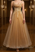 Champagne tulle lace Prom Dresses Long champagne Prom Dresses