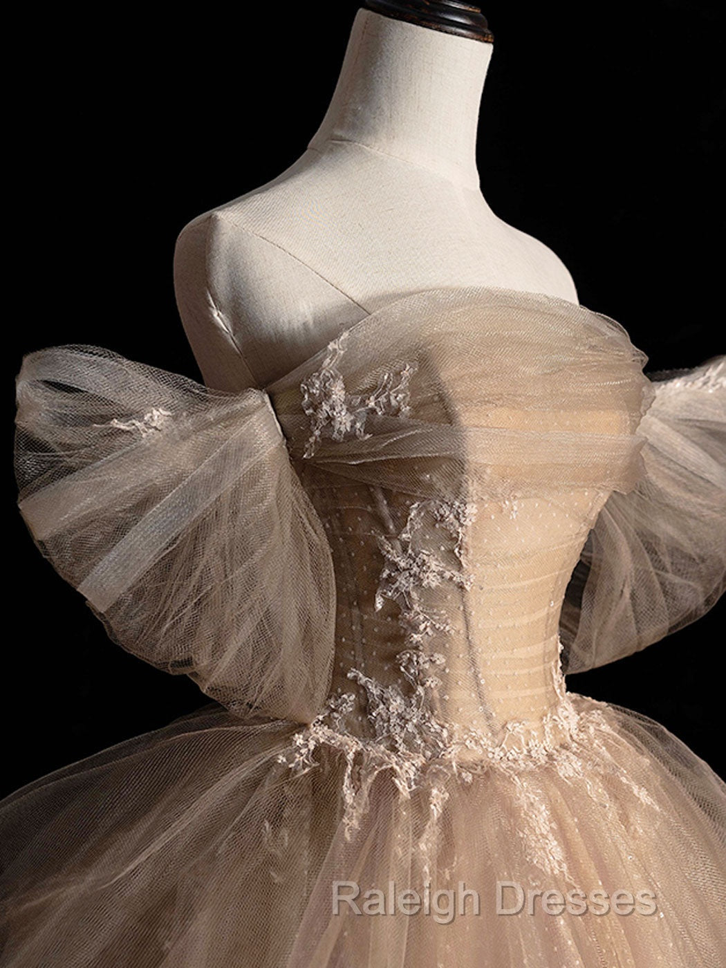 Champagne Tulle Lace Long Prom Dress, Champagne Formal Evening Dress