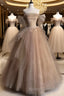 Champagne Tulle Lace Long Prom Dress, Champagne Formal Evening Dress