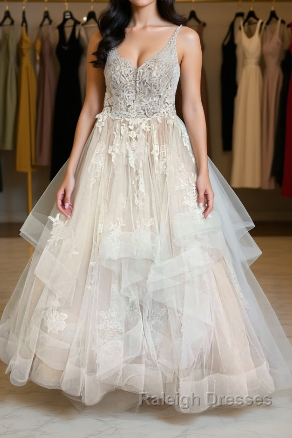 Champagne tulle lace long prom dress champagne lace evening dress Main image