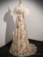 Champagne Tulle Lace Long Prom Dress, Champagne Long Formal Dress