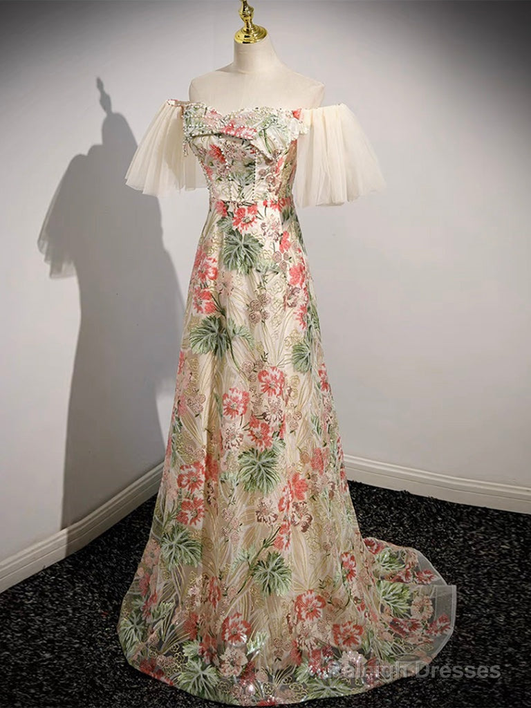 Champagne Tulle Lace Long Prom Dress, Champagne Long Formal Dress