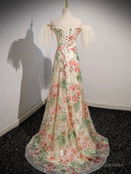 Champagne Tulle Lace Long Prom Dress, Champagne Long Formal Dress