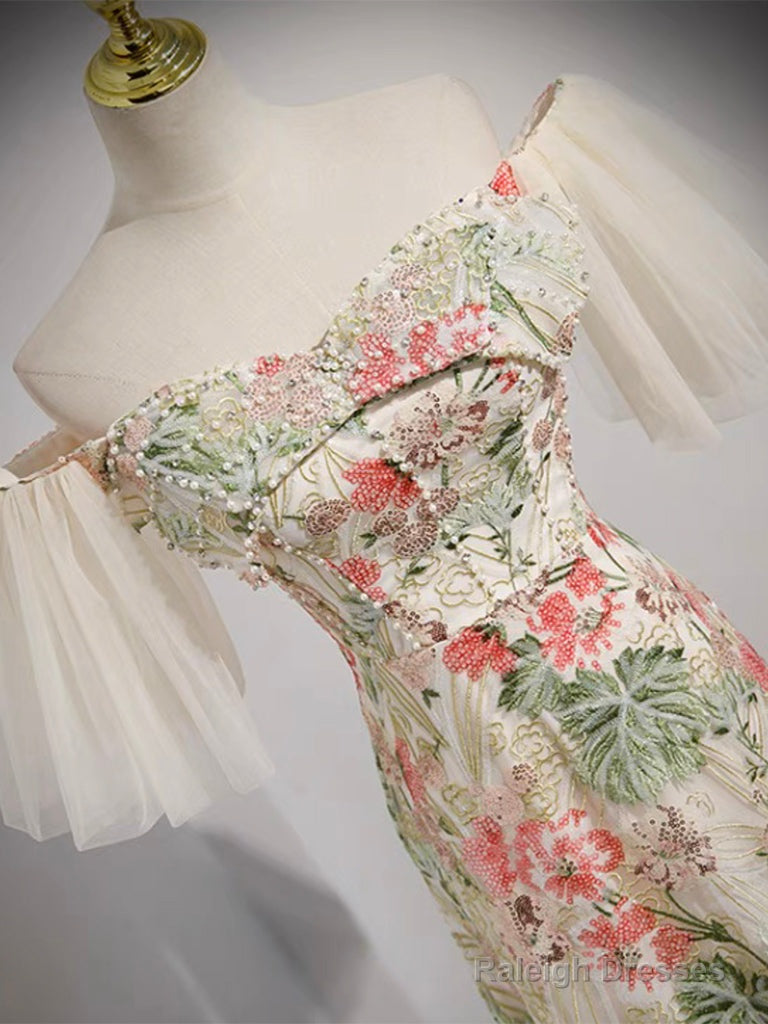 Champagne Tulle Lace Long Prom Dress, Champagne Long Formal Dress