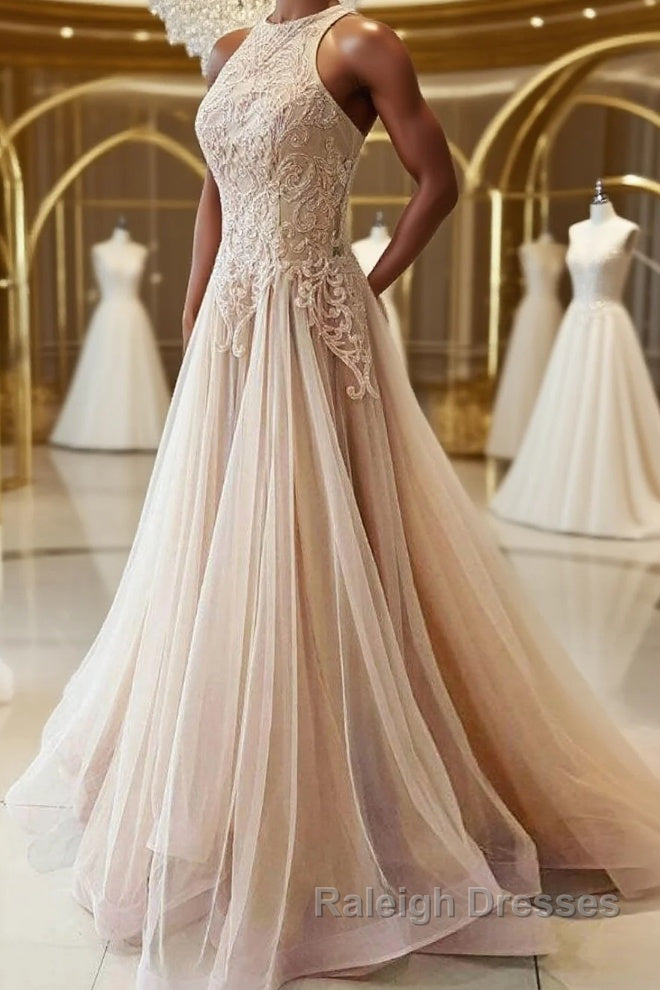 Champagne tulle lace long prom dress, champagne tulle evening dress Main image