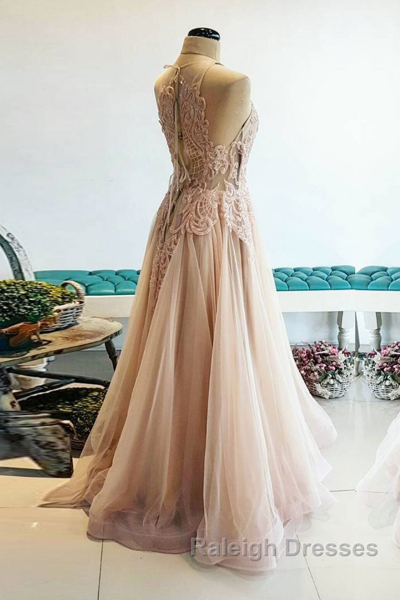 Champagne tulle lace long prom dress, champagne tulle evening dress Secondary image