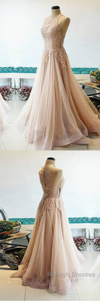 Champagne tulle lace long prom Dresses champagne tulle Prom Dresses