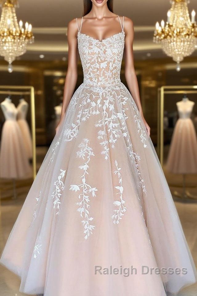 Champagne tulle lace long prom dress, champagne tulle formal dress