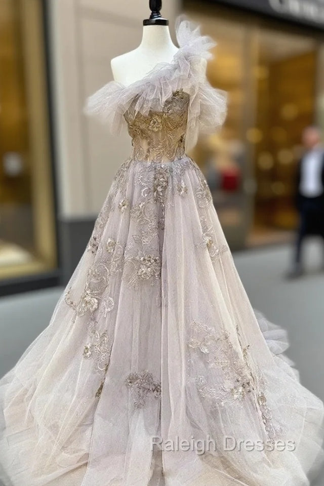 Champagne Tulle Lace Long Prom Dress Lace Formal Dress Main image