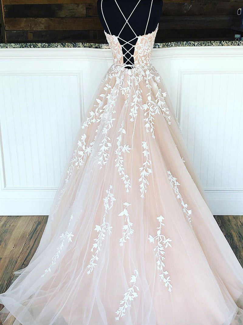 Champagne Tulle Lace Long Formal Prom Dress Lace Tulle Prom Dress