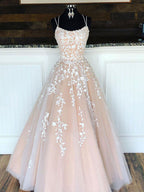 Champagne Tulle Lace Long Formal Prom Dress Lace Tulle Prom Dress