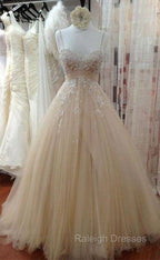 Champagne Tulle Lace Long Prom Dresses Lace Wedding Dresses