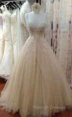 Champagne Tulle Lace Long Prom Dress, Lace Wedding Dress
