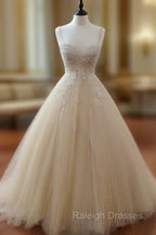 Champagne Tulle Lace Long Prom Dress, Lace Wedding Dress