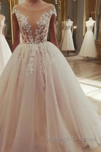 Champagne tulle lace long prom dress, tulle evening dress