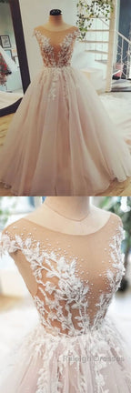 Champagne tulle lace long prom Dresses tulle Prom Dresses