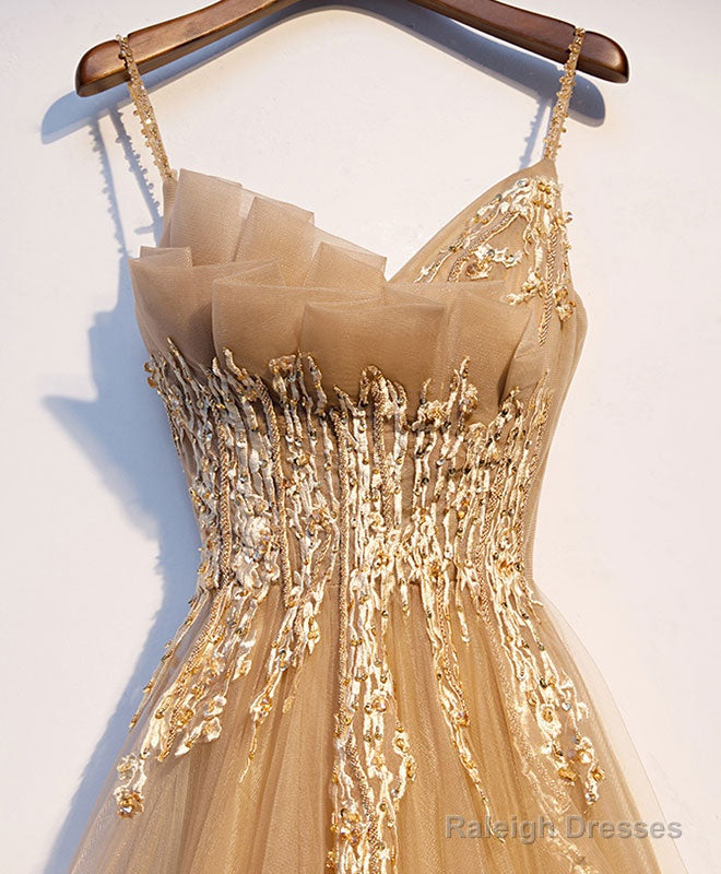Champagne Tulle Lace Prom Dresses Long Tulle Lace Prom Dresses
