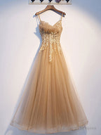 Champagne Tulle Lace Prom Dresses Long Tulle Lace Prom Dresses