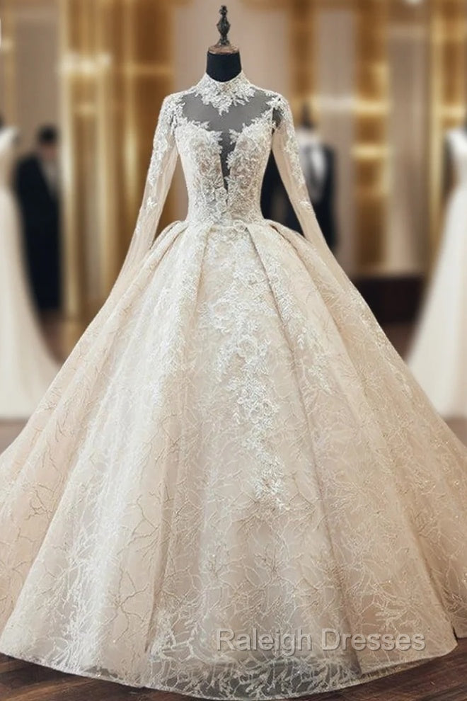 Champagne Tulle Lace Long Sleeve High Neck Backless Wedding Dress With Pearls Main image