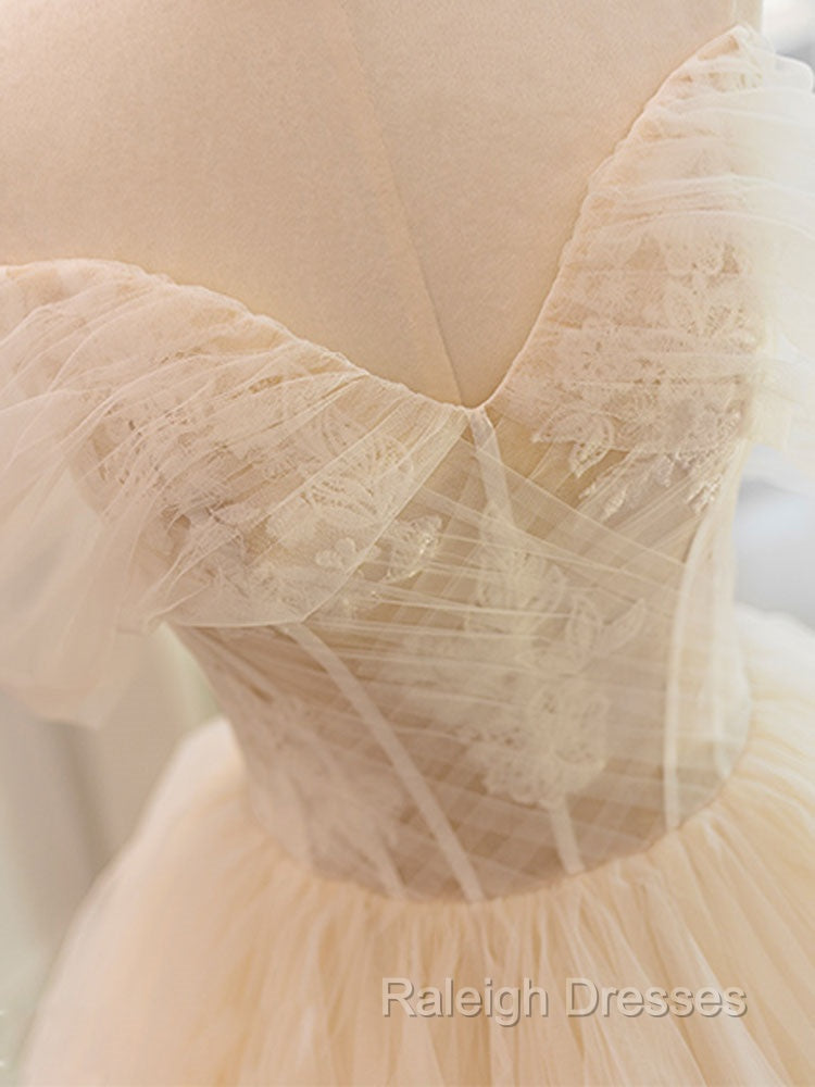 Champagne Tulle Lace Long Wedding Dress, Lace Tulle Wedding Gown