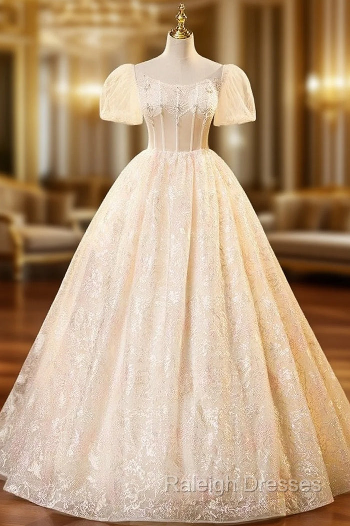 Champagne Tulle Lace Puff Sleeve Beading Quinceanera Dress