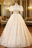 Champagne Tulle Lace Puff Sleeve Beading Quinceanera Dress
