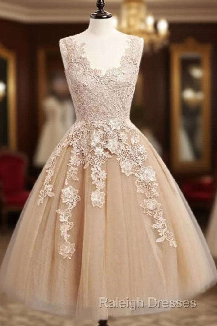 Champagne Tulle Lace Short Prom Dresses Cute Homecoming Dresses