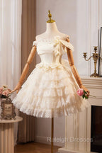 Champagne Tulle Lace Short Prom Dress Homecoming Dress, Lovely A-Line Prom Dress