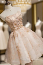 Champagne Tulle Lace Short Prom Dress, Puffy Champagne Homecoming Dress