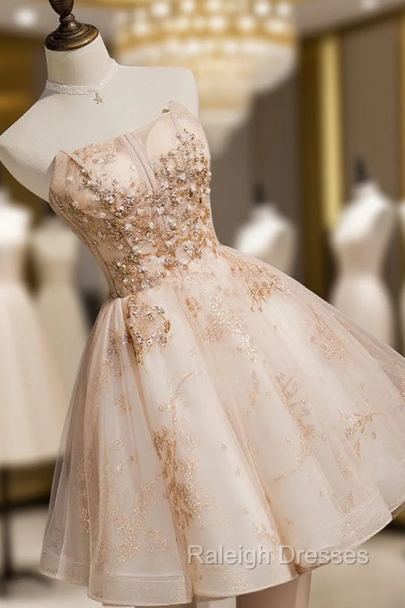 Champagne Tulle Lace Short Prom Dress, Puffy Champagne Homecoming Dress Secondary image