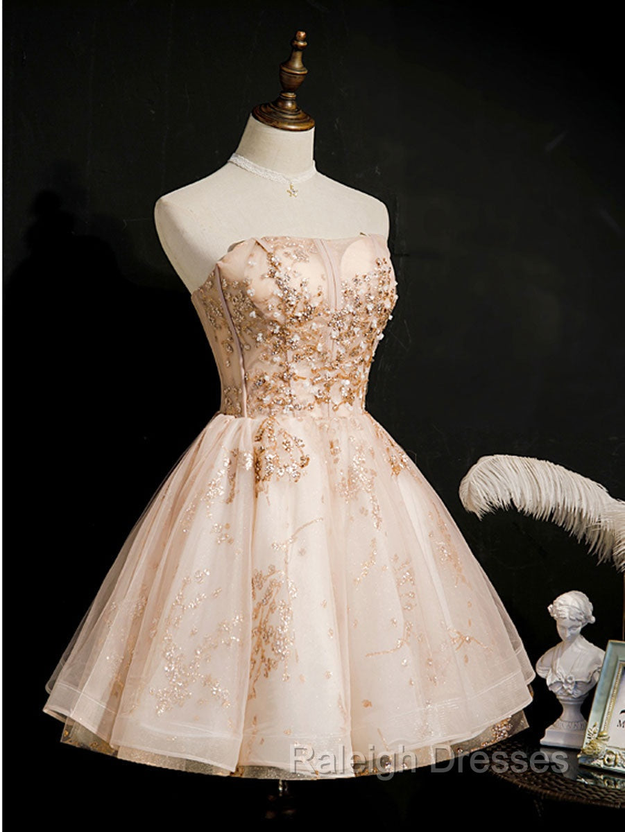 Champagne Tulle Lace Short Prom Dress, Puffy Champagne Homecoming Dress Main image