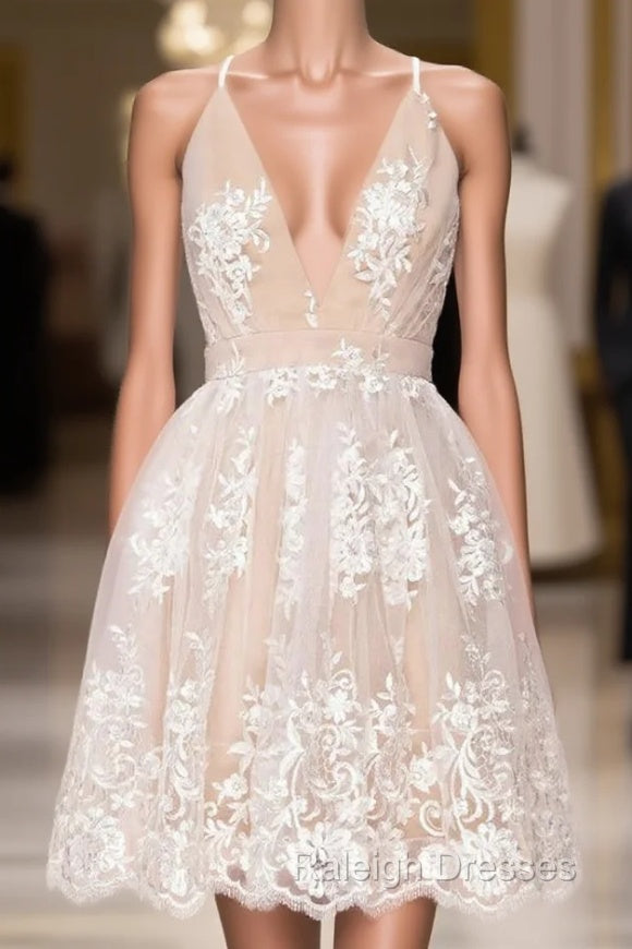 Champagne Tulle Lace Spaghetti Straps Homecoming Dress Main image