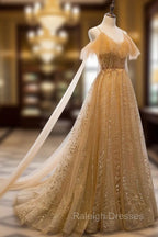 Champagne Tulle Lace V Neckline Beaded Unique Floor Length Prom Dress, New Prom Dress