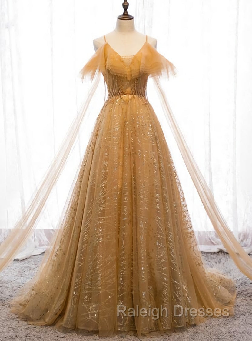 Champagne Tulle Lace V-neckline Beaded Unique Floor Length Party Dress, New Prom Dress Evening Dress Main image