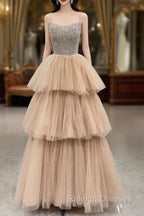 Champagne Tulle Layers Long A-Line Prom Dress, Spaghetti Strap Beaded Evening Dress