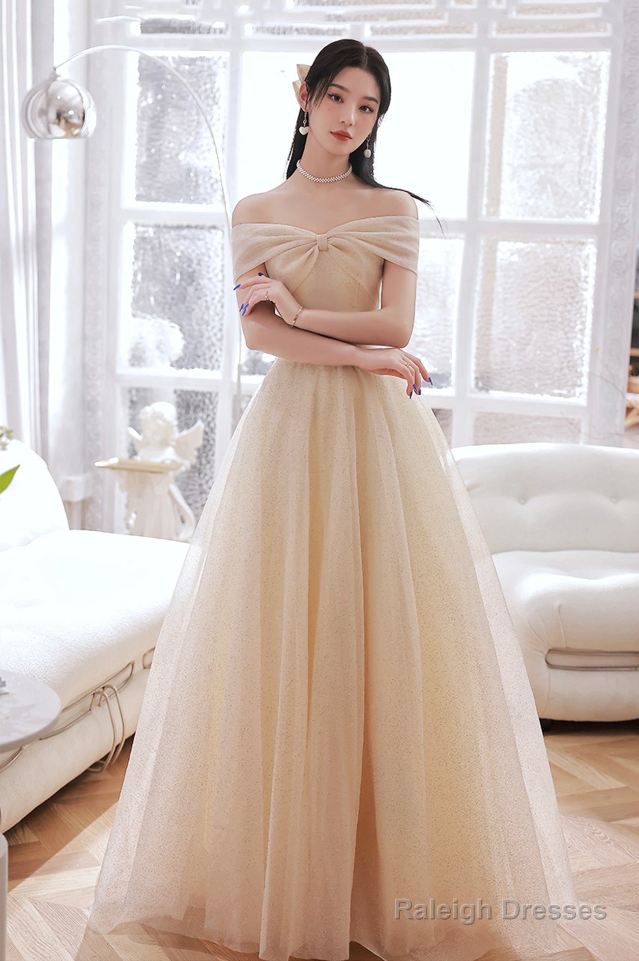 Champagne Tulle Long A-Line Prom Dress, Champagne Off The Shoulder Evening Dress