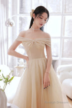 Champagne Tulle Long A-Line Prom Dress, Champagne Off The Shoulder Evening Dress