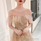 Champagne Tulle Long Party Dress Formal Dress, A-Line Off Shoulder Prom Dress